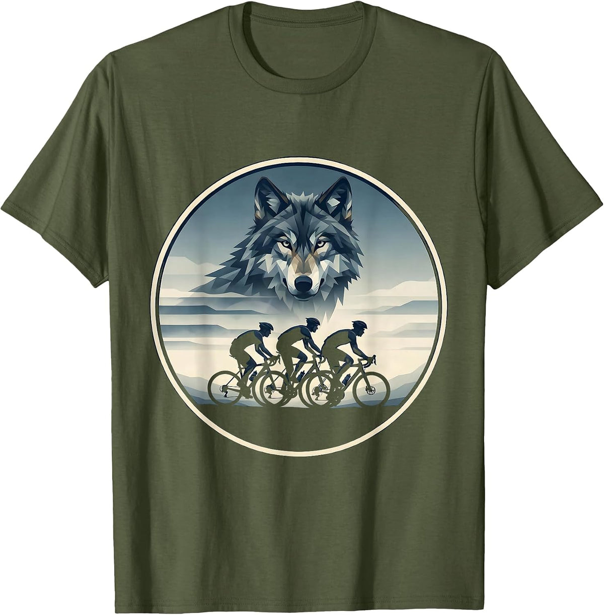 Wolf Pack Cycling Through Fog Graphic Tee T-Shirt - Olive Green