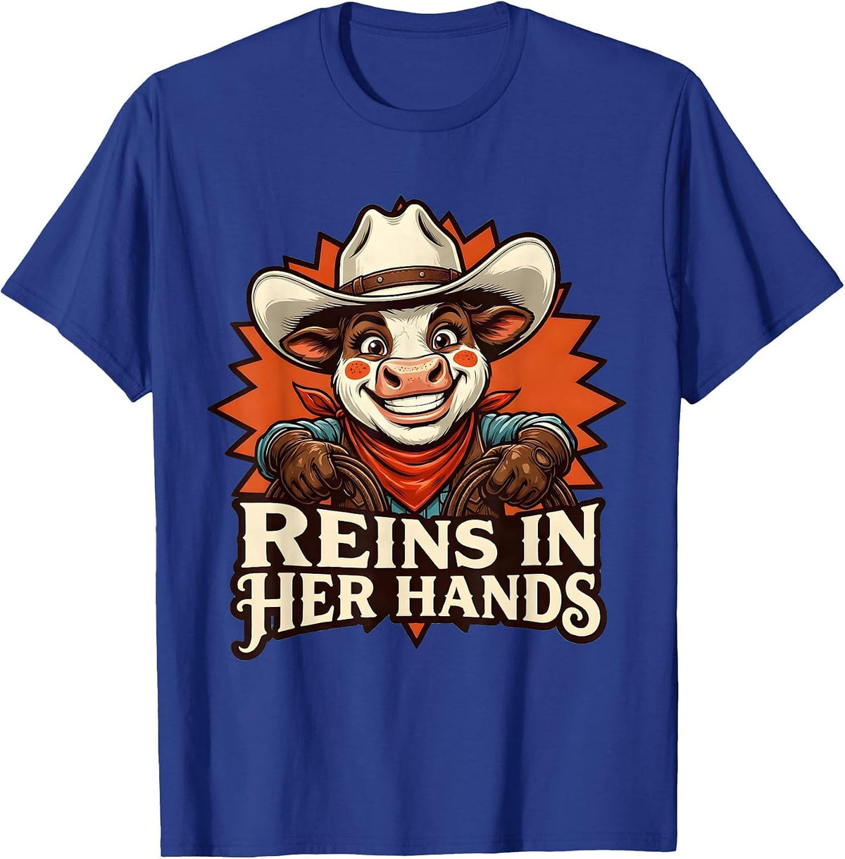 White Cowgirl Reins In Her Hands Design T-Shirt - Royal Blue