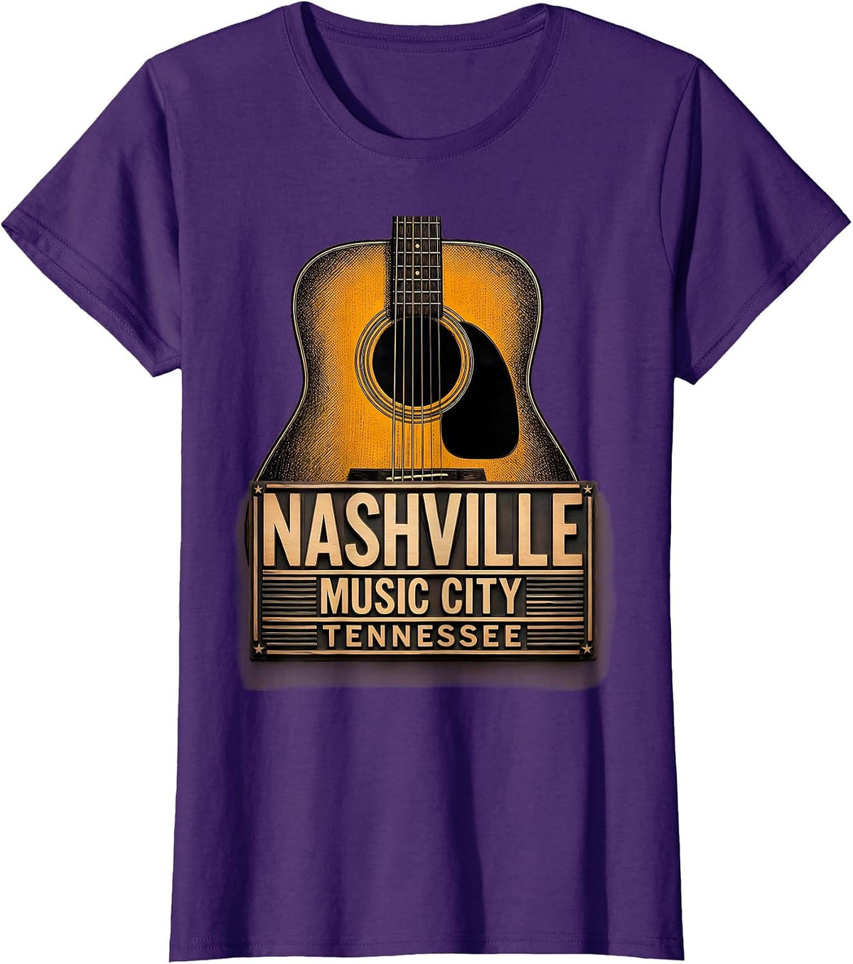 Women's Nashville Music City Tennessee Wood Type Letterpress Guitar T-Shirt - Purple