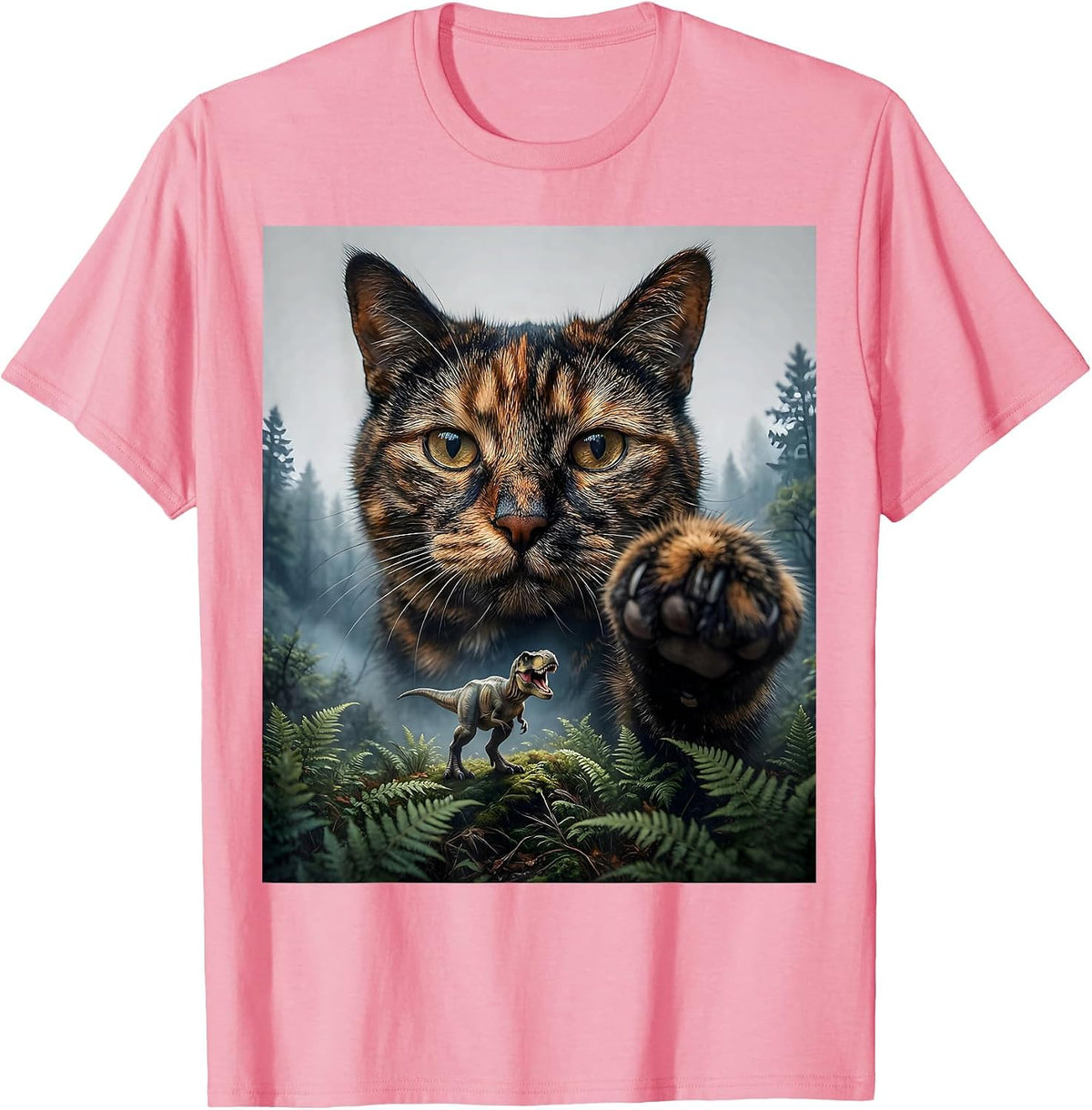 Men's Oversized Calm Tortoiseshell Cat Face Funny T-Rex Dinosaur T-Shirt - Pink