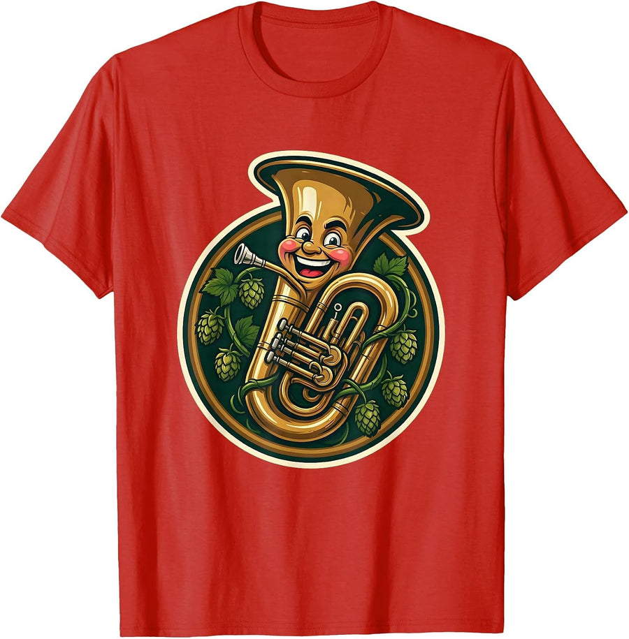 Men's Oktoberfest Tuba Wrapped in Hop Vines Design T-Shirt - Red