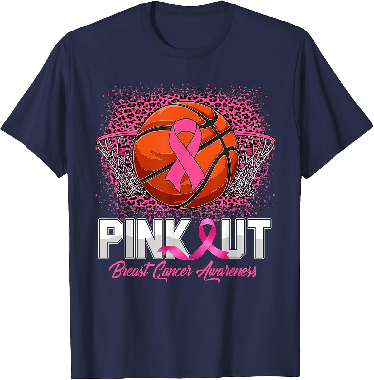 Pink Out Breast Cancer Awareness Basketball Leopard Bleached T-Shirt - Navy Blue