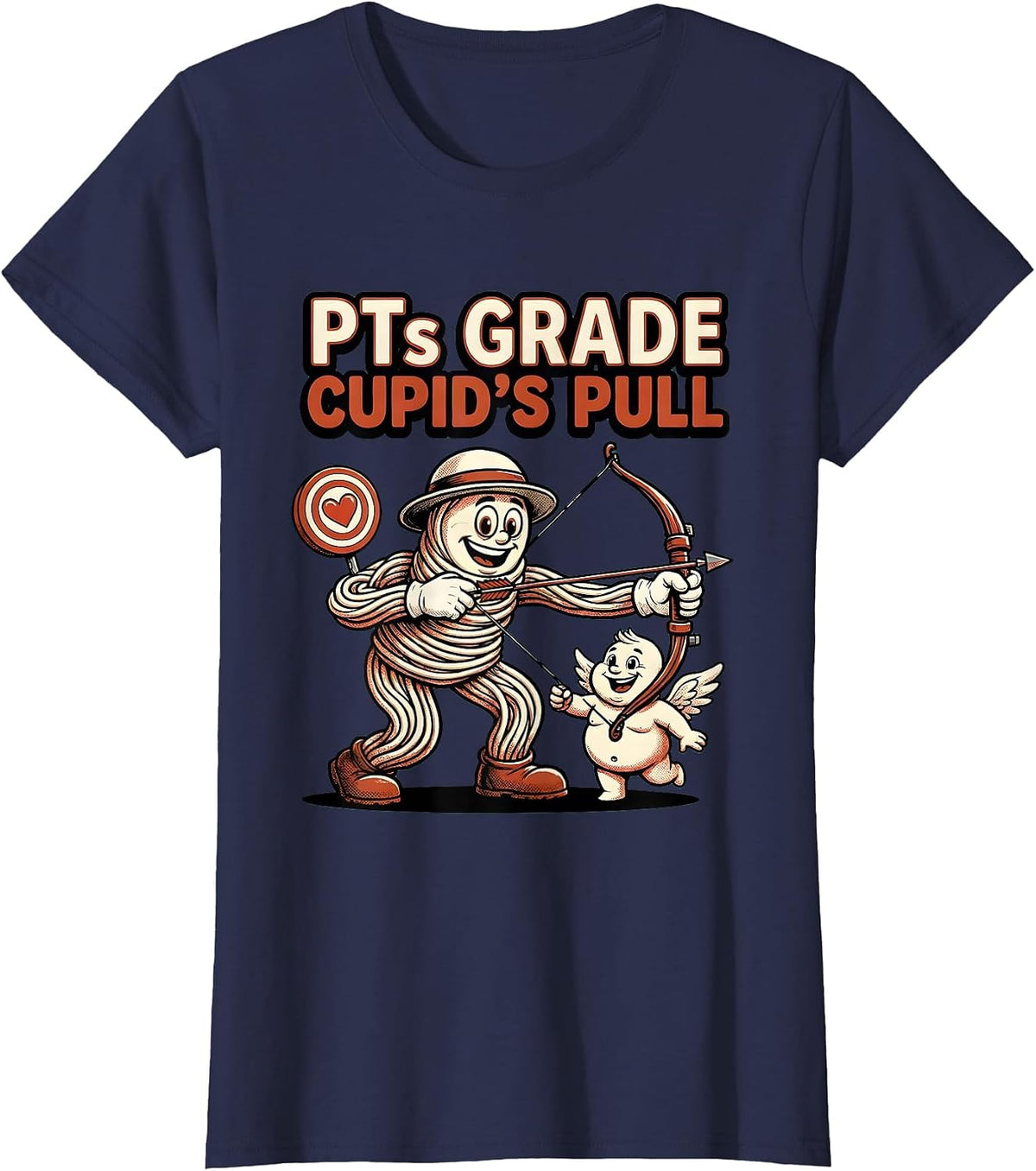 Women's PTs Grade Cupid's Pull Retro Cartoon Physical Therapist T-Shirt - Navy Blue
