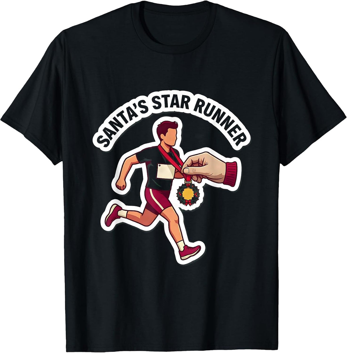 Men's Santa's Star Runner Funny Christmas Run 5K Squad T-Shirt - Black
