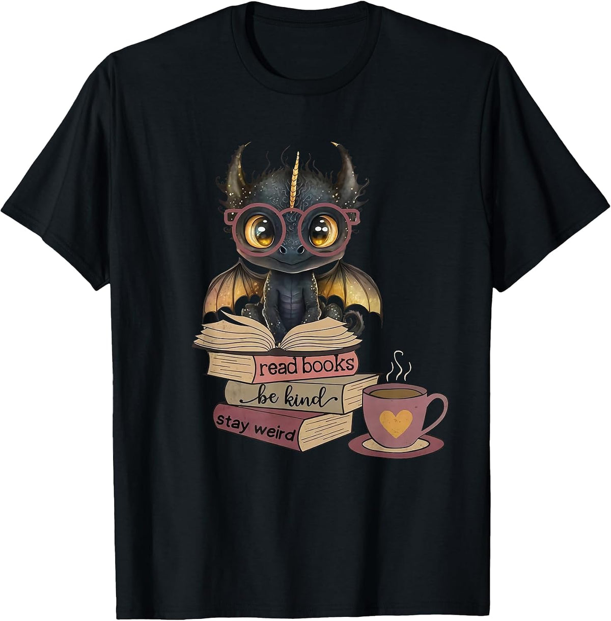 Funny Dragon Read Books Be Kind Stay Weird Book Lover T-Shirt - Black