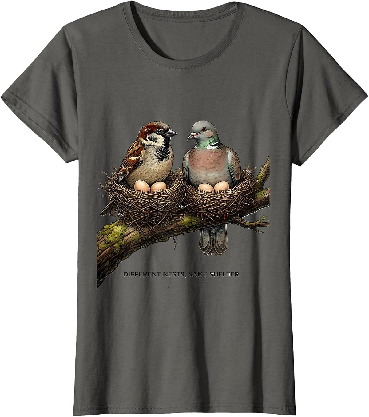 Women's Different Nests, Same Shelter Funny Autistic ADHD Meme Humor T-Shirt - Asphalt Grey