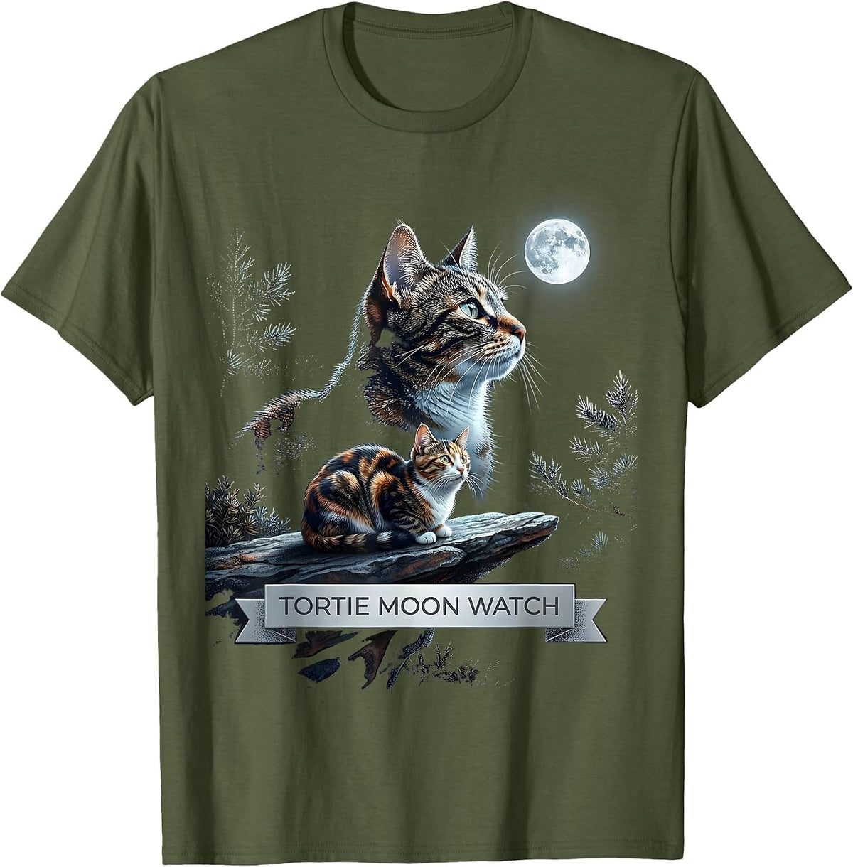 Men's Tortie Moon Watch Vintage Tortoiseshell Cat 90s Retro T-Shirt - Olive Green