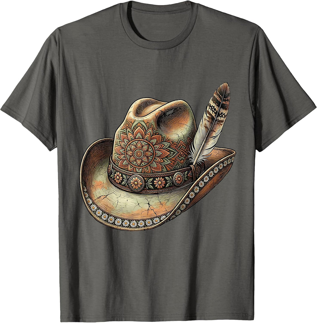 Men's Cowboy Hat Turquoise Band and Feather Graphic T-Shirt - Asphalt Grey