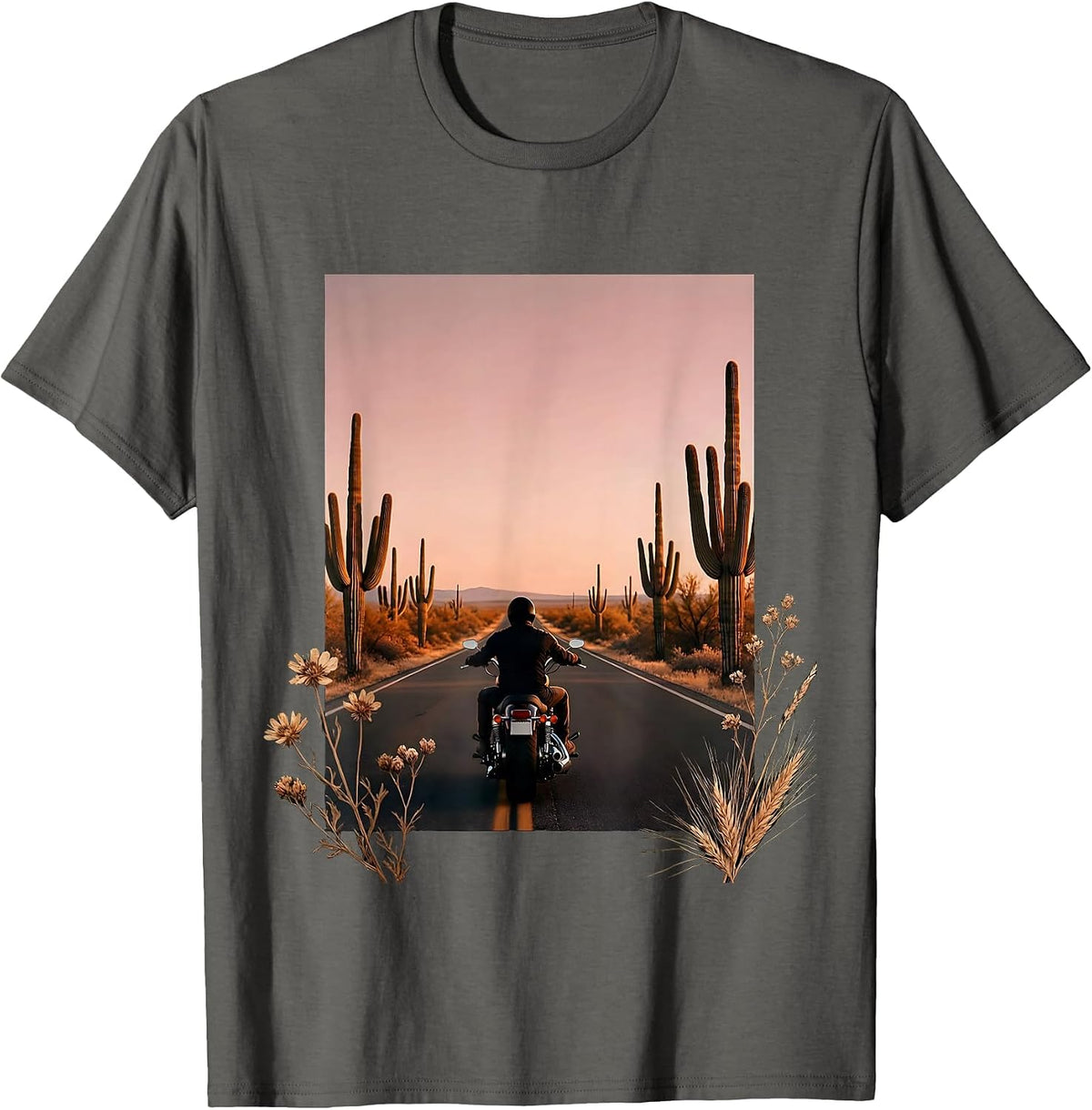 Lone Rider Desert Highway Freedom Motorcycle T-Shirt - Asphalt Grey