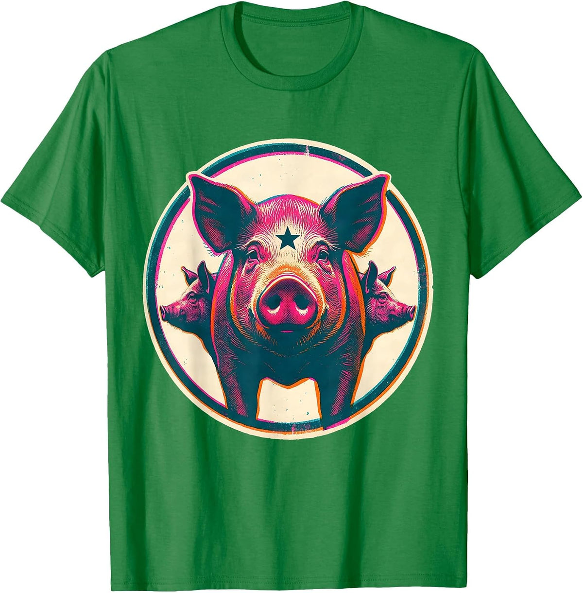 Men's Pig Badge Farm Animal Lover Humor Risograph T-Shirt - Kelly Green