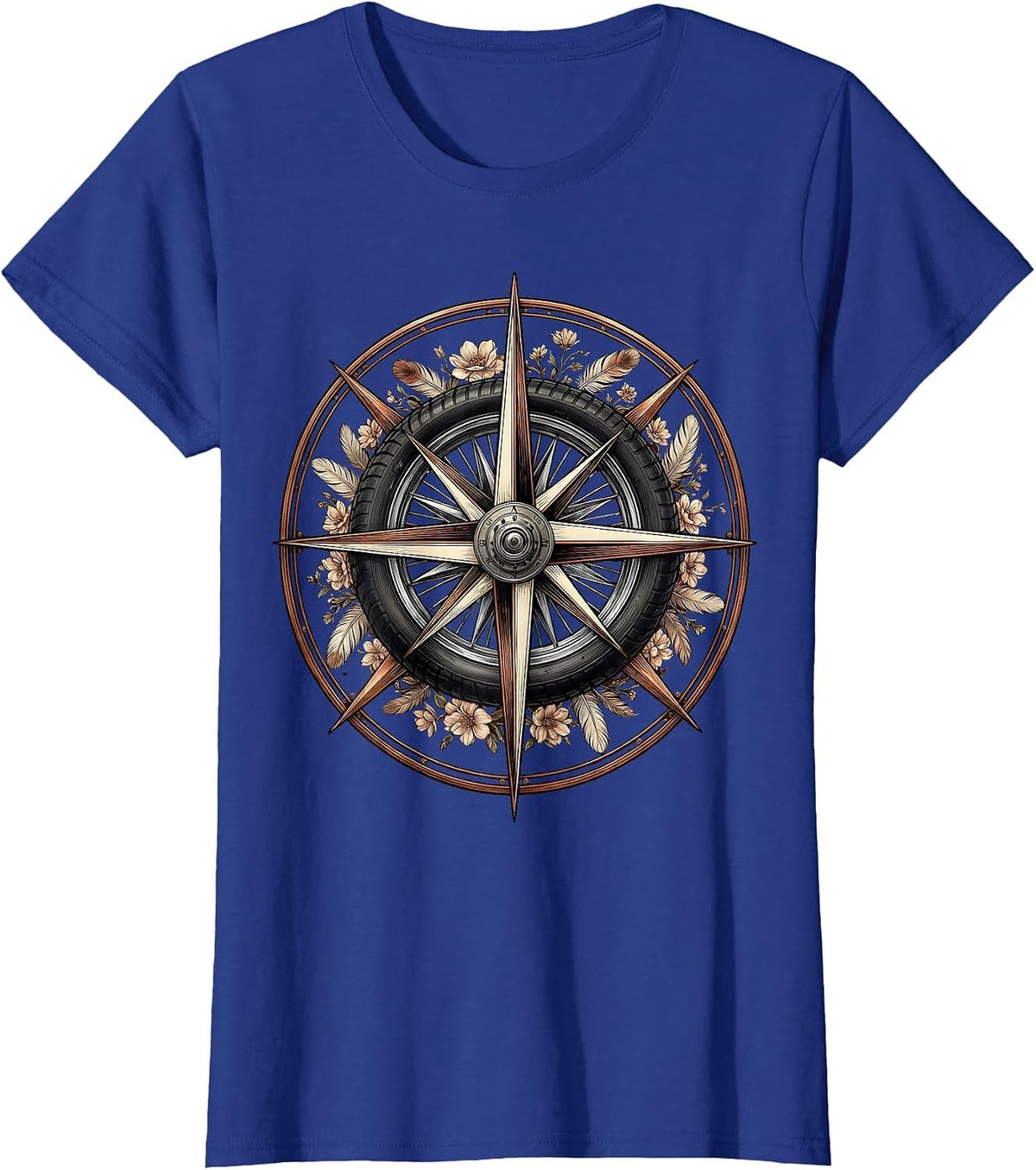 Women's Compass Rose Motorcycle Spoke Wheel Biker Design T-Shirt - Royal Blue