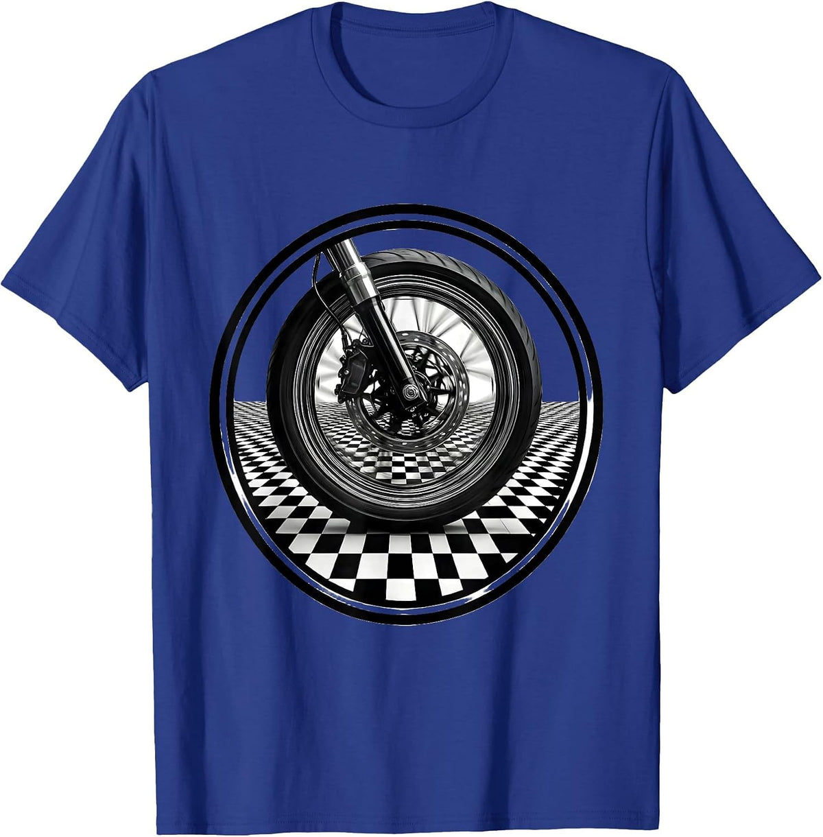 Men's Motorcycle Wheel Black White Checkered Graphic T-Shirt - Royal Blue