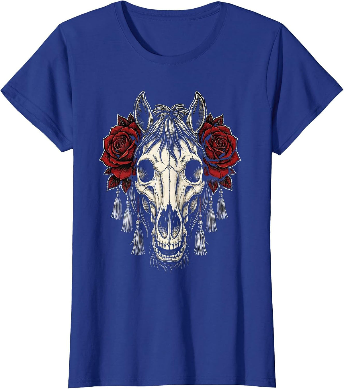 Women's Horse Skull Roses and Fringe Cowgirl Graphic T-Shirt - Royal Blue