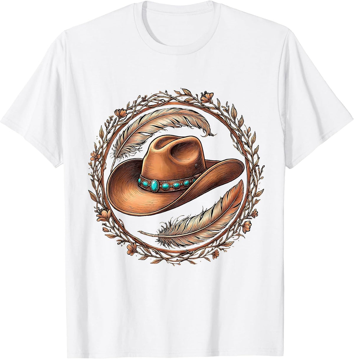 Men's Cowgirl Hat Feathers and Turquoise Gems Western T-Shirt - White