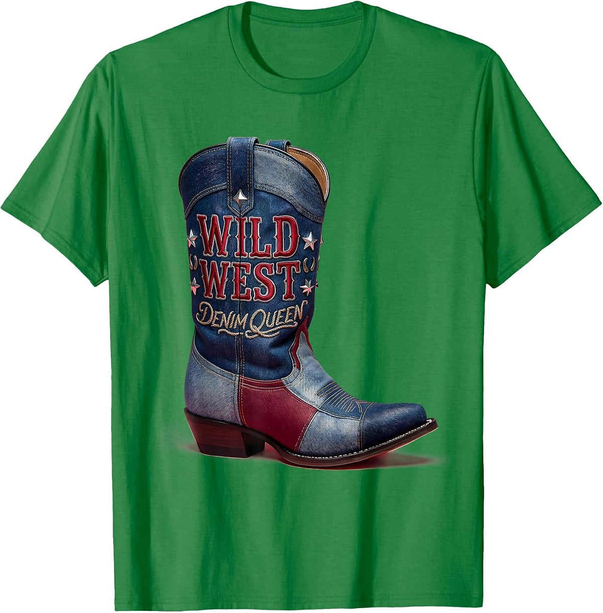 Men's Wild West Denim Queen Cowgirl Design T-Shirt - Kelly Green