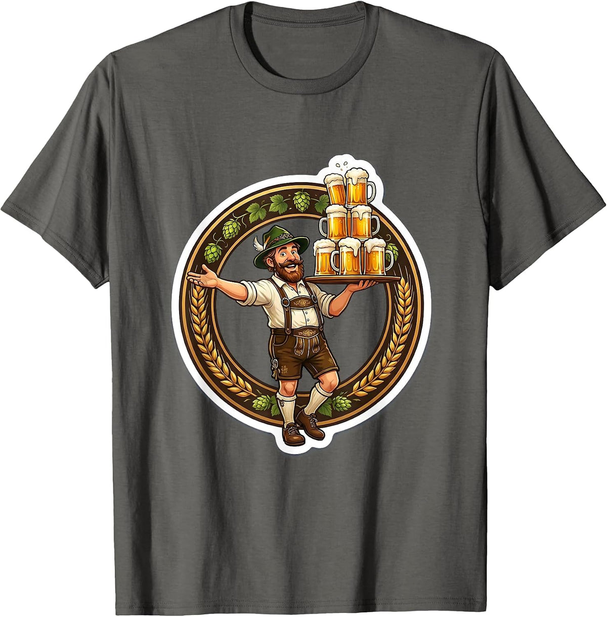 Oktoberfest Beer Stein Stack Carrying Tray Graphic T-Shirt - Asphalt Grey