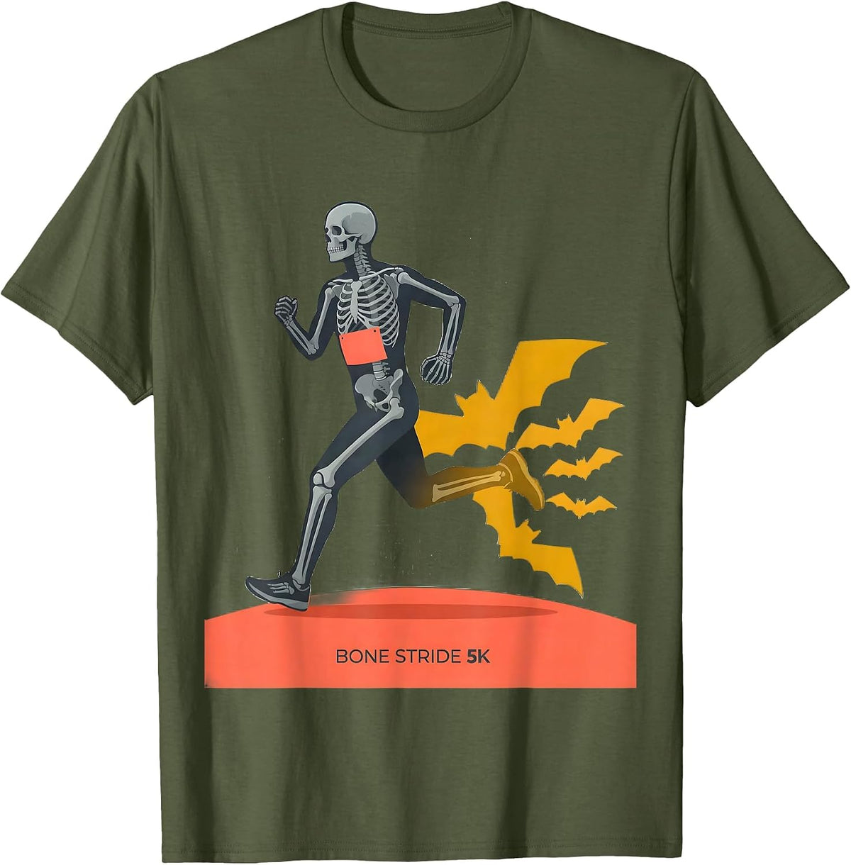 Bone Stride 5K Funny Skeleton Runner Halloween Fun Run T-Shirt - Olive Green