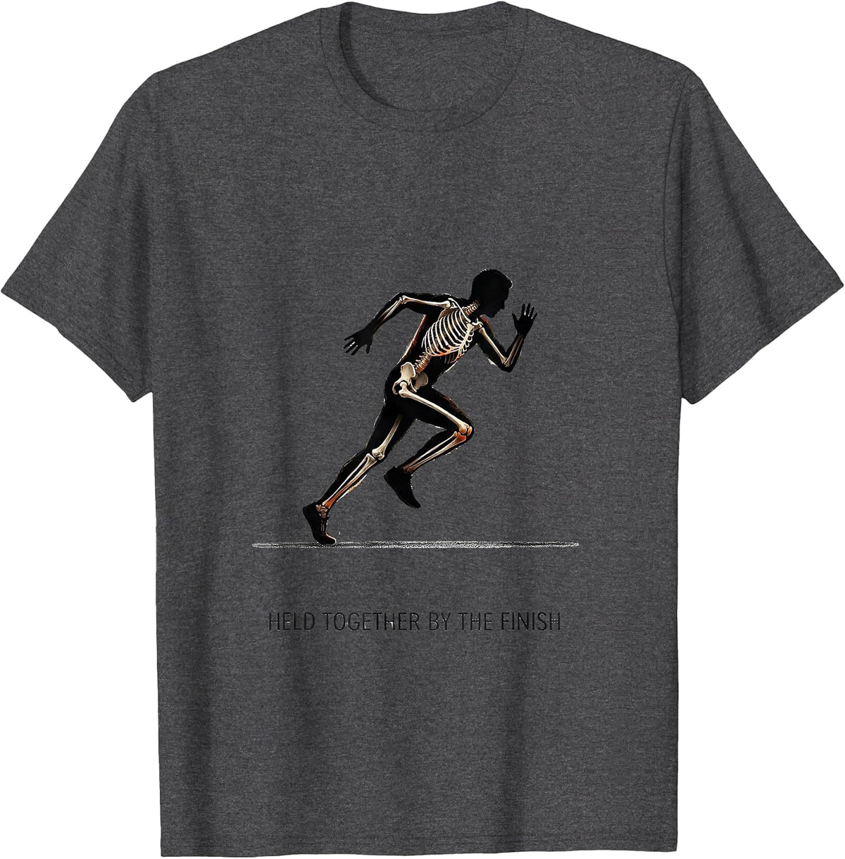 Men's Held Together By The Finish Funny Halloween Skeleton Runner T-Shirt - Dark Heather Grey