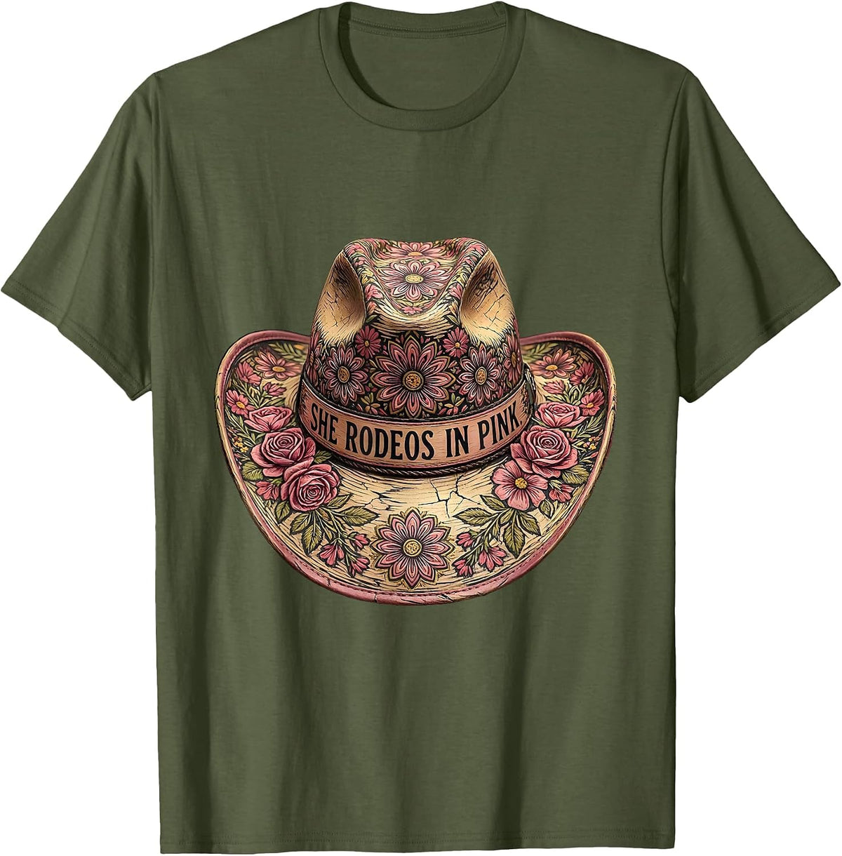 Men's She Rodeos In Pink Cowgirl Design T-Shirt - Olive Green