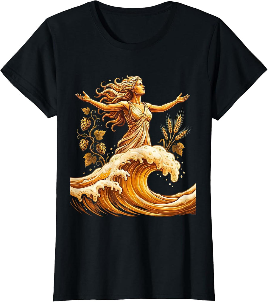 Women's Goddess Rising Beer Wave Graphic Tee T-Shirt - Black