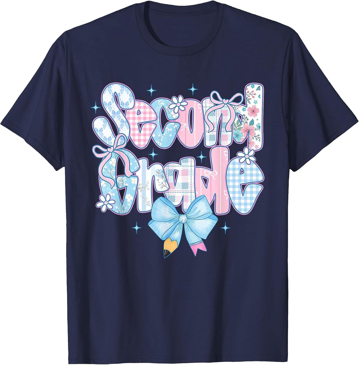 Preppy Second Grade First Day Back to School 2nd Grade Bow T-Shirt - Navy Blue