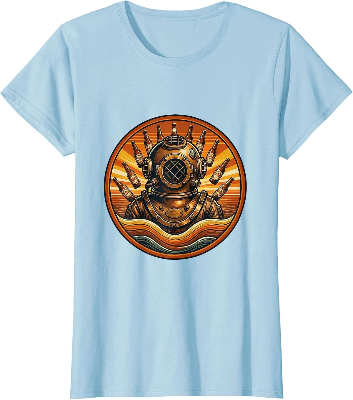 Deep Sea Diver Beer Bottles Illustration T-Shirt - Baby Blue