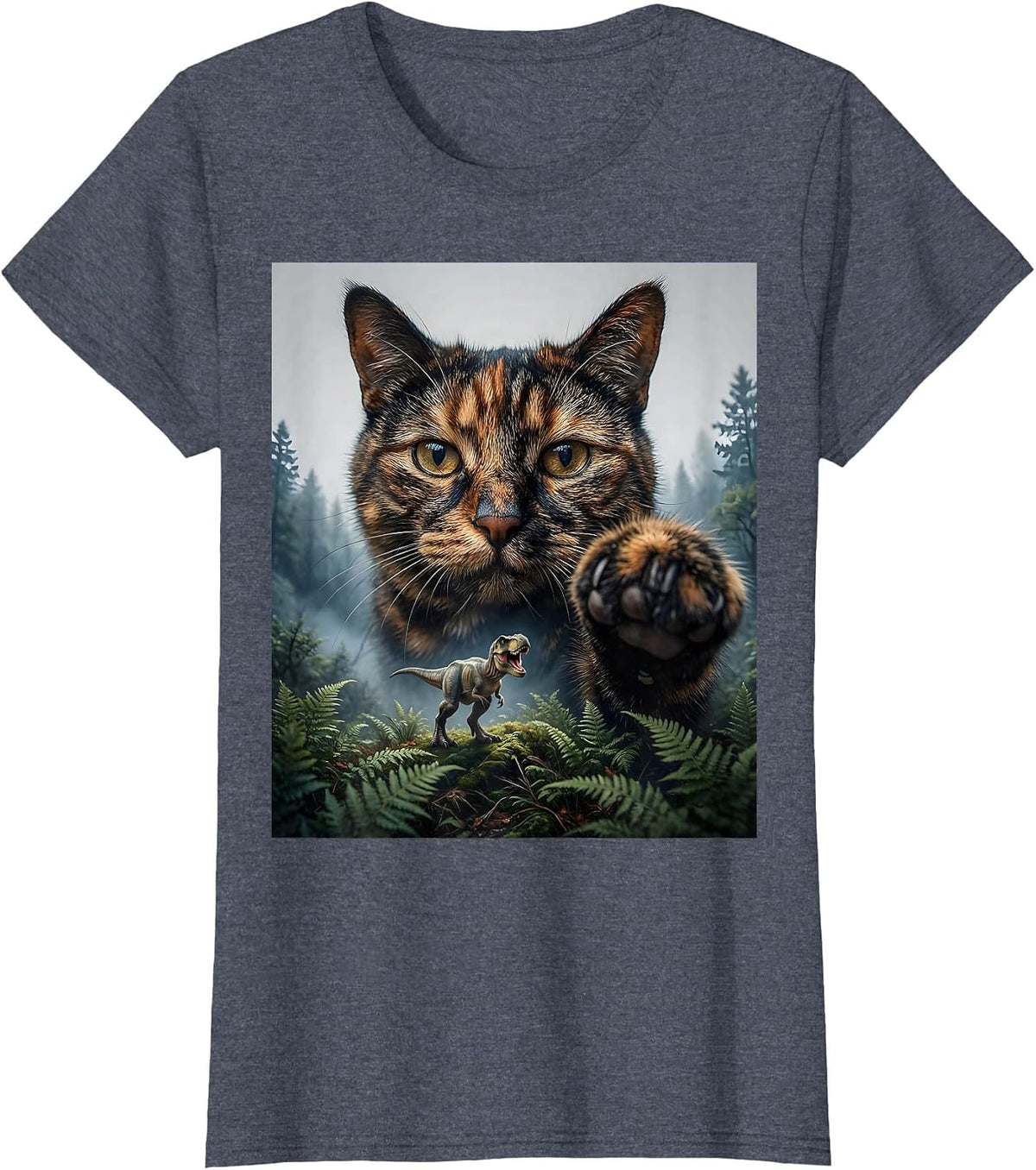 Women's Oversized Calm Tortoiseshell Cat Face Funny T-Rex Dinosaur T-Shirt - Heather Blue
