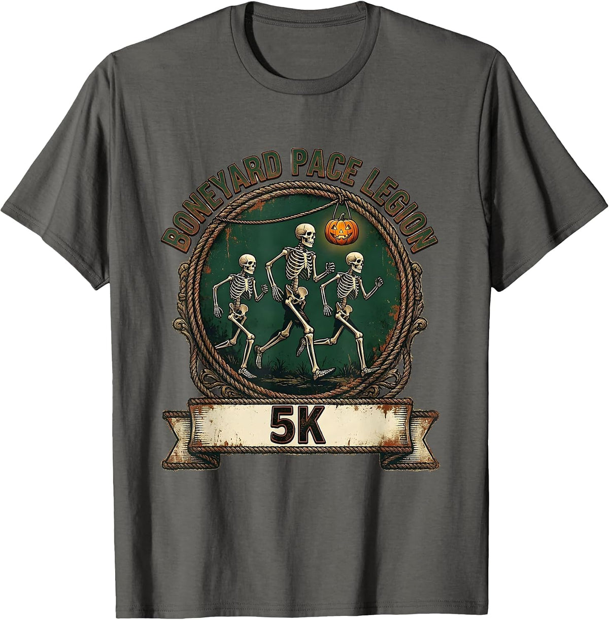 Boneyard Pace Legion 5K Vintage Halloween Skeleton Runner 5K T-Shirt - Asphalt Grey
