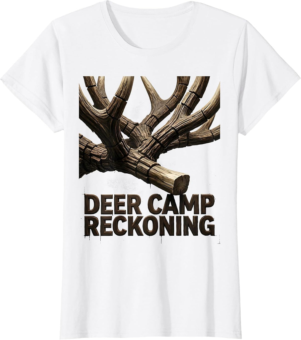 Deer Camp Reckoning Wood Type Letterpress Camo Deer Hunting T-Shirt - White