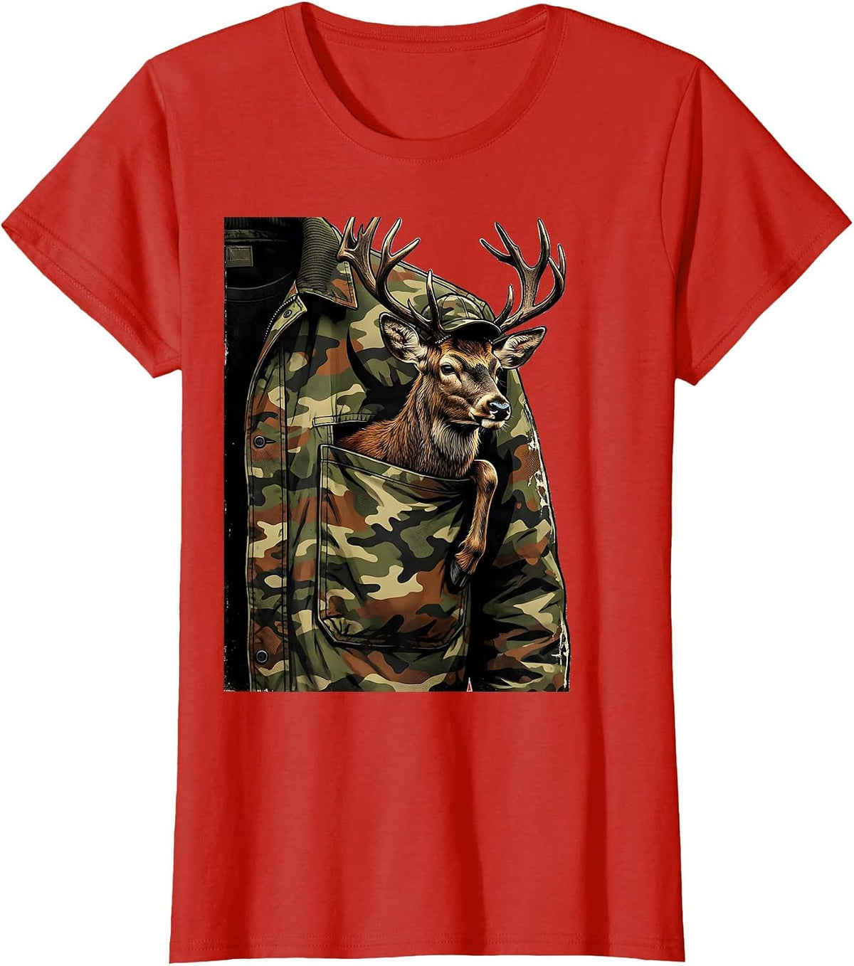 Women's Reclining Buck Distressed Camo Deer Hunting Gift T-Shirt - Red