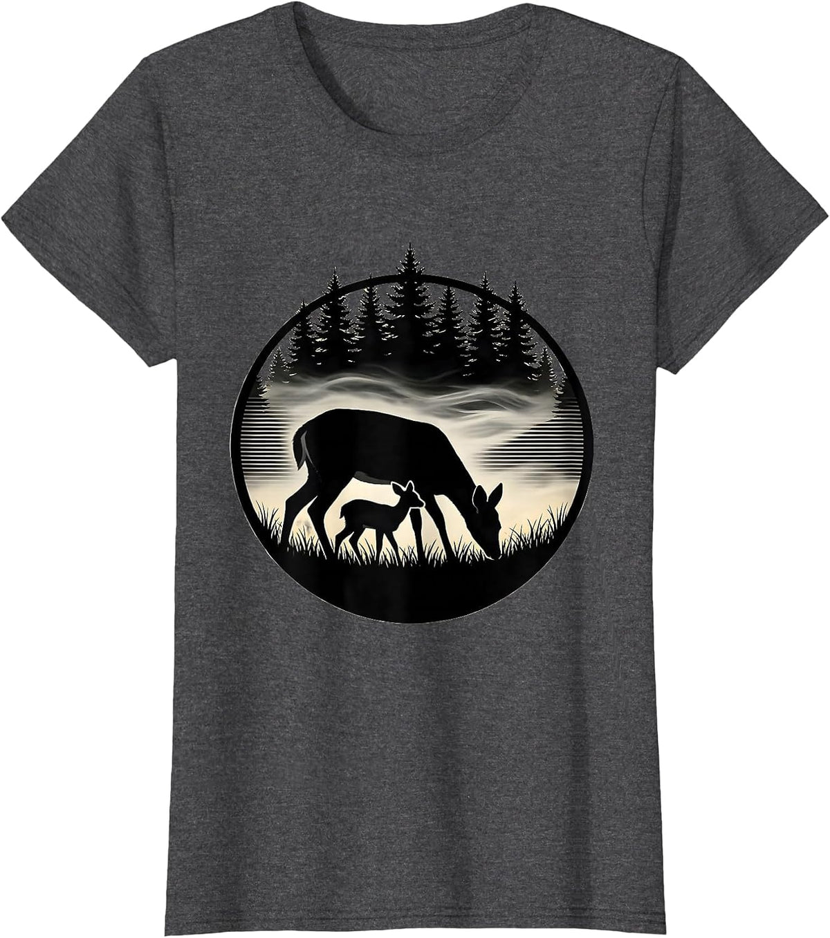 Women's Doe and Fawn Grazing in Meadow Fog Hunting T-Shirt - Dark Heather Grey