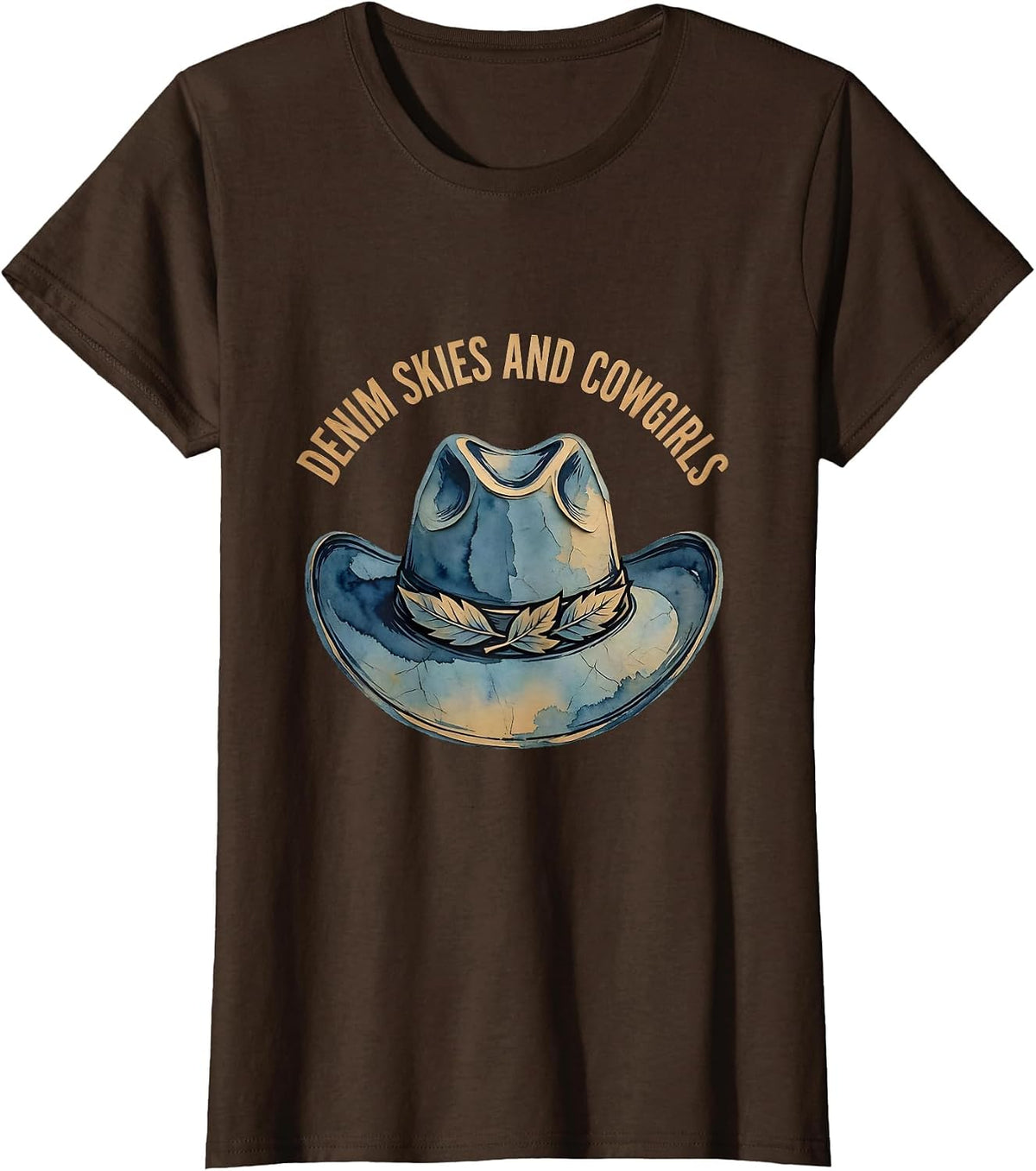 Women's Denim Skies and Cowgirls Western Graphic Design T-Shirt - Brown