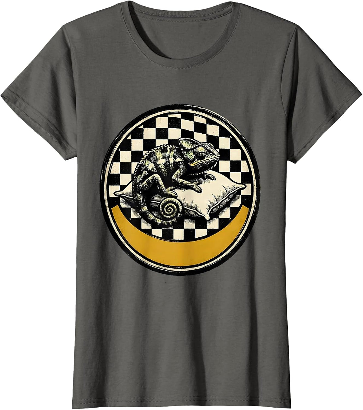 Women's Sealed Chameleon Sleeping Badge Retro Cartoon Animal Lover T-Shirt - Asphalt Grey