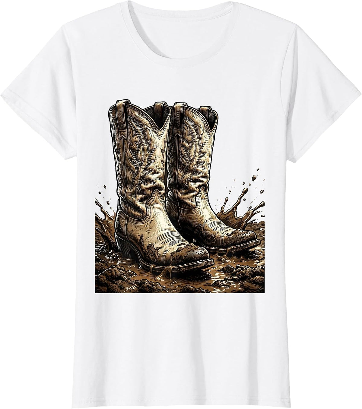 Women's Cowboy Boots in the Mud Western Graphic T-Shirt - White