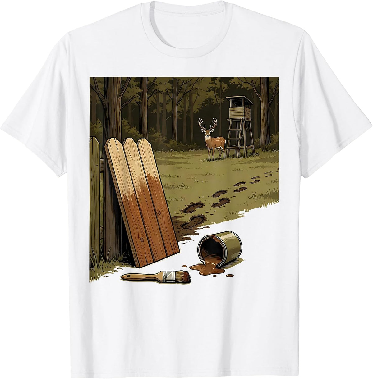 Men's Half-Painted Fence Board Deer Hunting Dad Humor T-Shirt - White