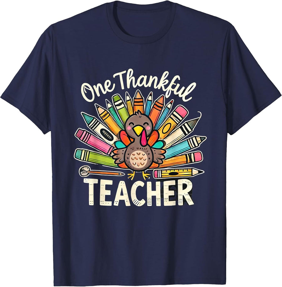 One Thankful Teacher Cute Thanksgiving Turkey School T-Shirt - Navy Blue