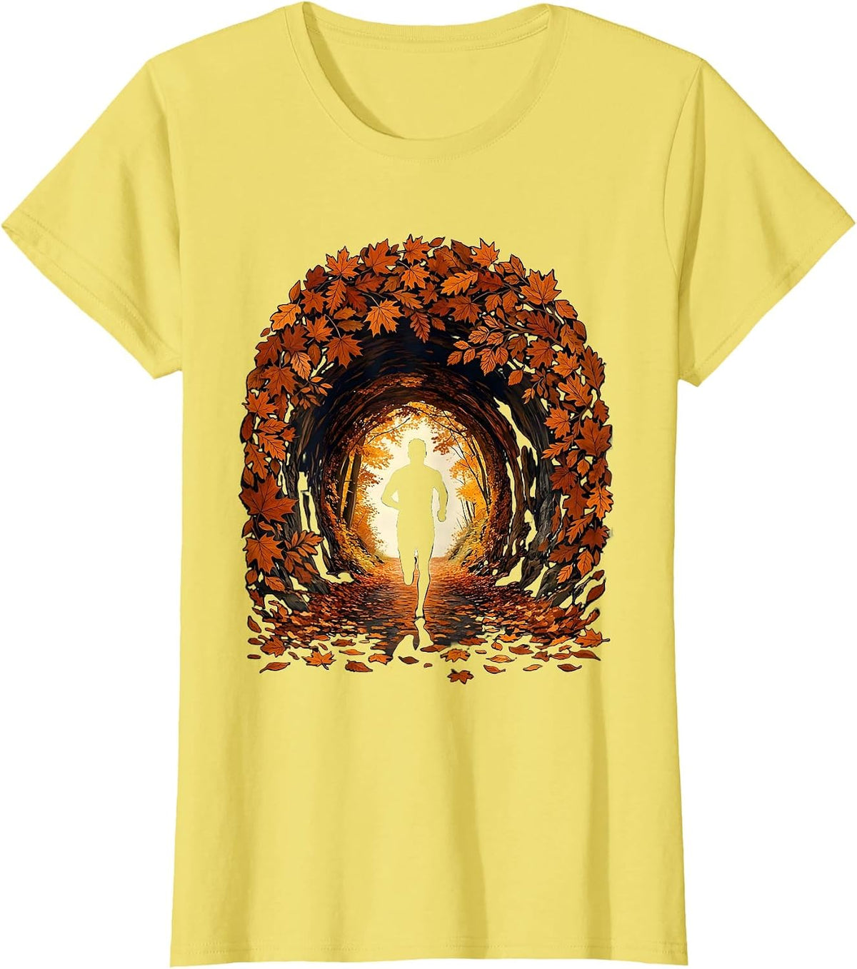 Runner Silhouette Autumn Leaf Tunnel Graphic Tee T-Shirt - Lemon Yellow