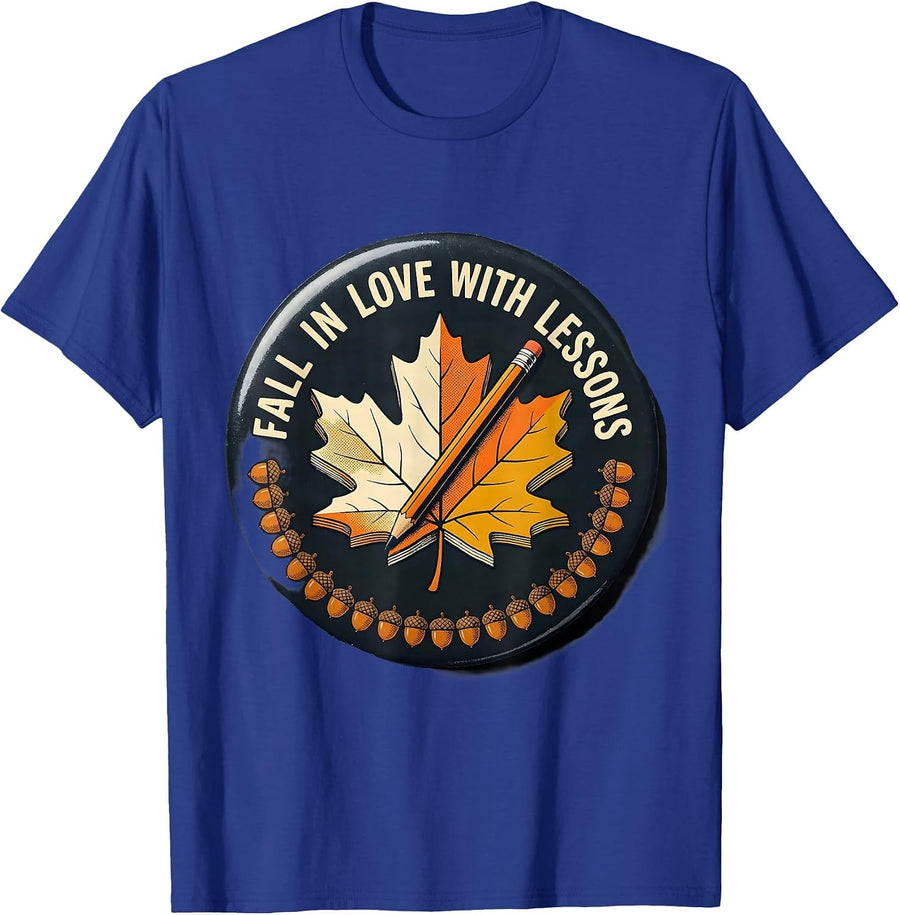 Fall In Love With Lessons Retro Teacher Autumn Halloween T-Shirt - Royal Blue
