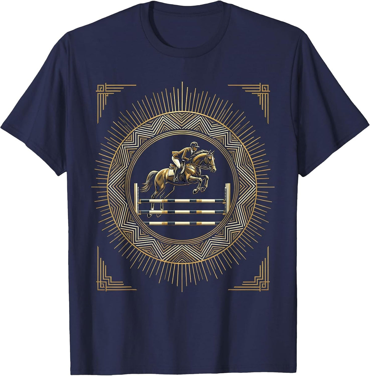 Show Jumper Mid-Air Over Striped Rail Graphic T-Shirt - Navy Blue