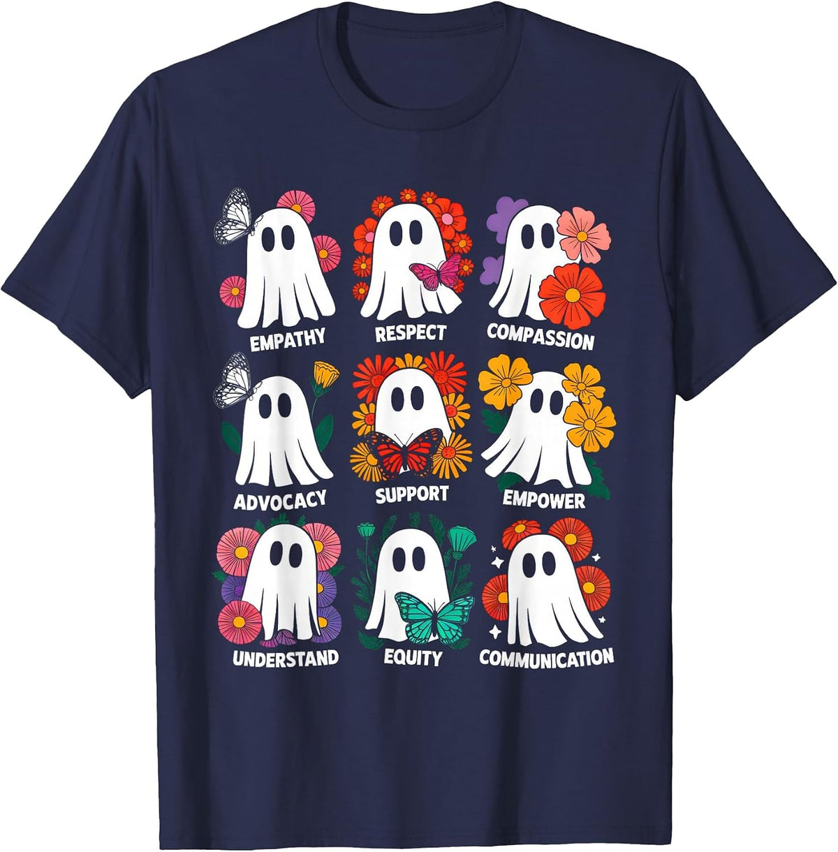 Cute Ghost Floral Social Worker Halloween Retro Social Work T-Shirt - Navy Blue