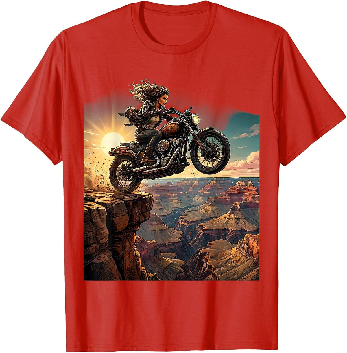 Men's Biker Canyon Leap Motorcycle Adventure Graphic T-Shirt - Red