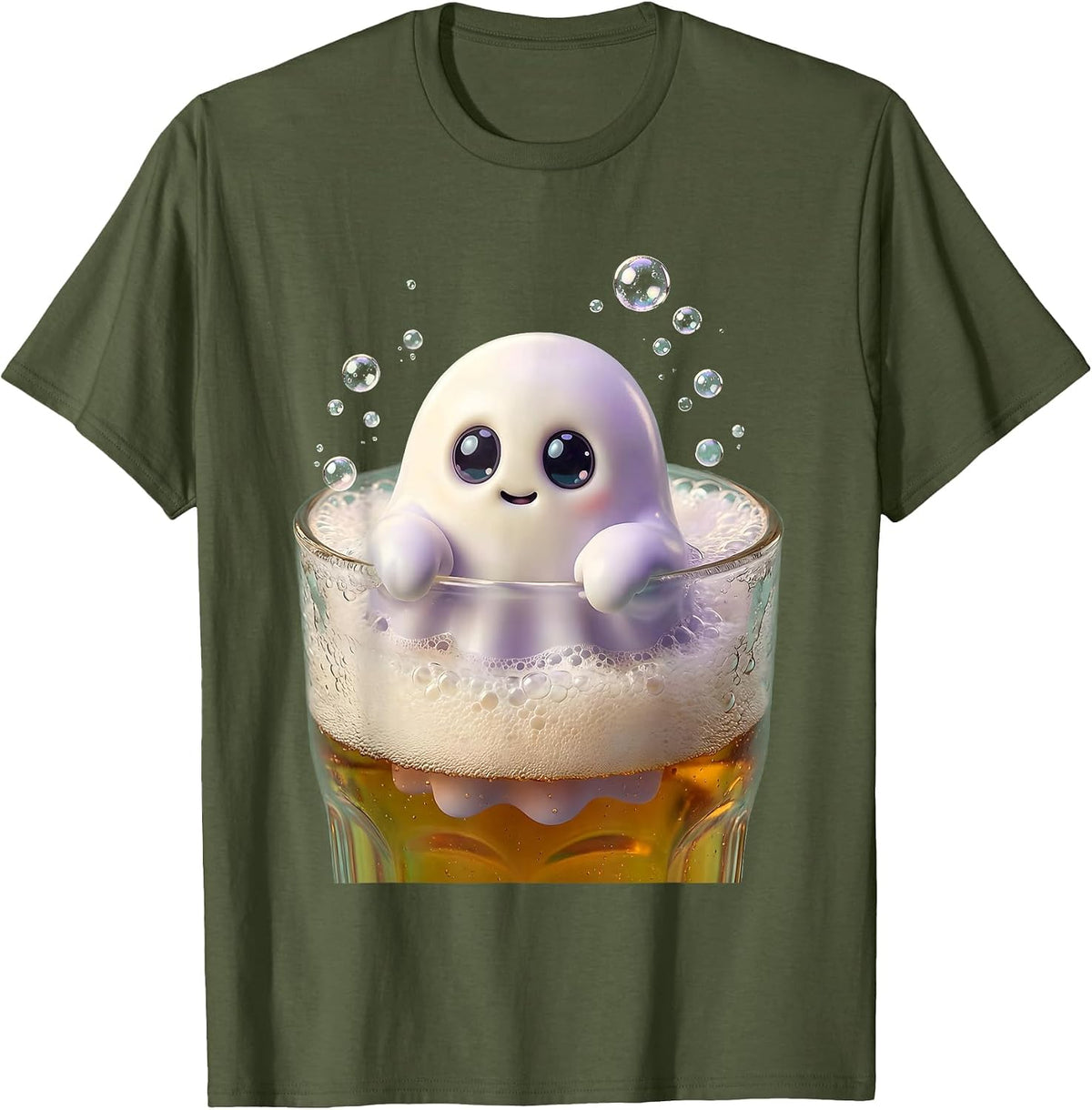 Tiny Ghost Peeking Out of a Pint Glass T-Shirt - Olive Green