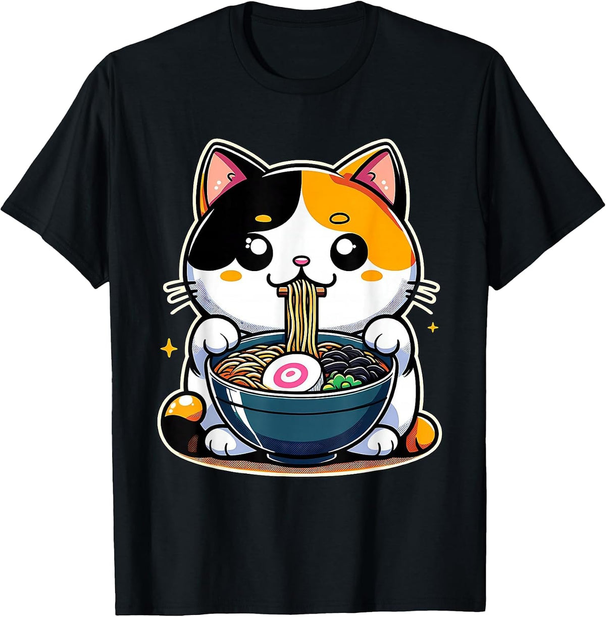 Kawaii Anime Calico Cat Ramen T-Shirt - Black