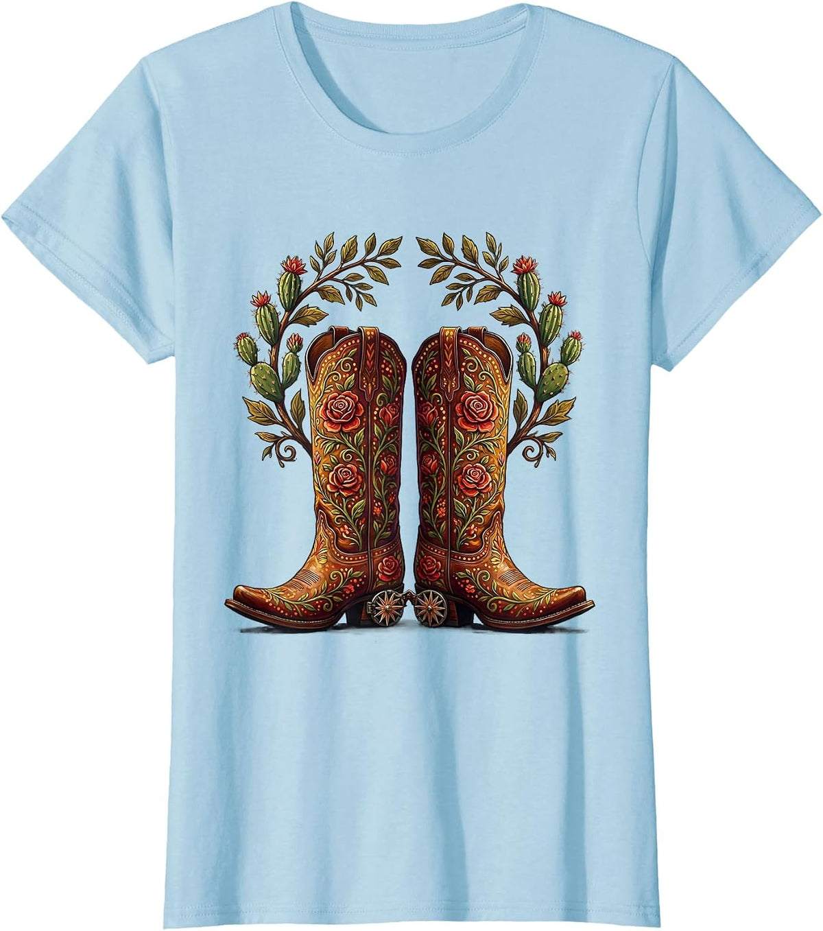 Western Boots Spurs and Desert Roses Graphic T-Shirt - Baby Blue