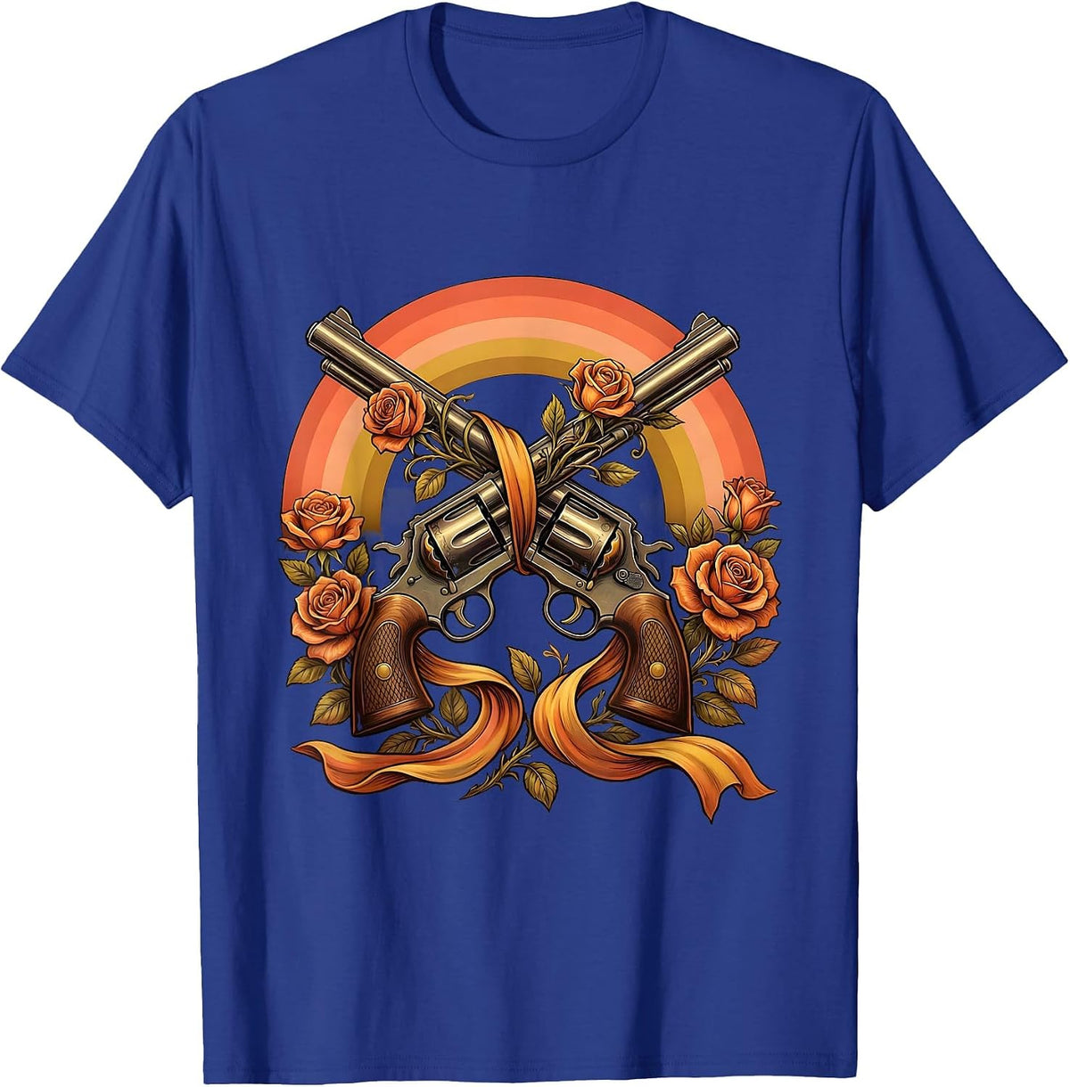 Crossed Revolvers Roses and Ribbon Cowboy Design T-Shirt - Royal Blue