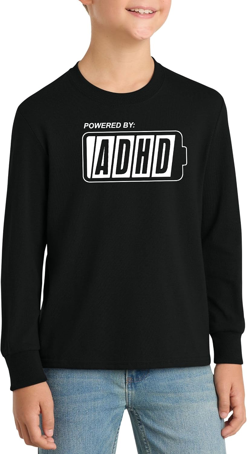 Powered by ADHD Battery Graphic Funny Neurodiversity Top Cotton Tee Adult Youth Tall Men Women - Long Sleeve Black