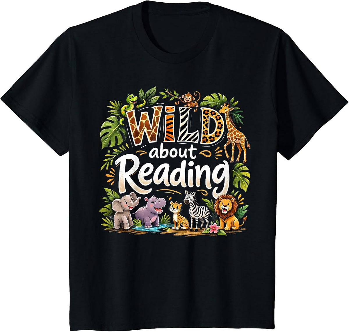Wild About Reading Animal Reader Lover Librarian Bookworm T-Shirt - Black