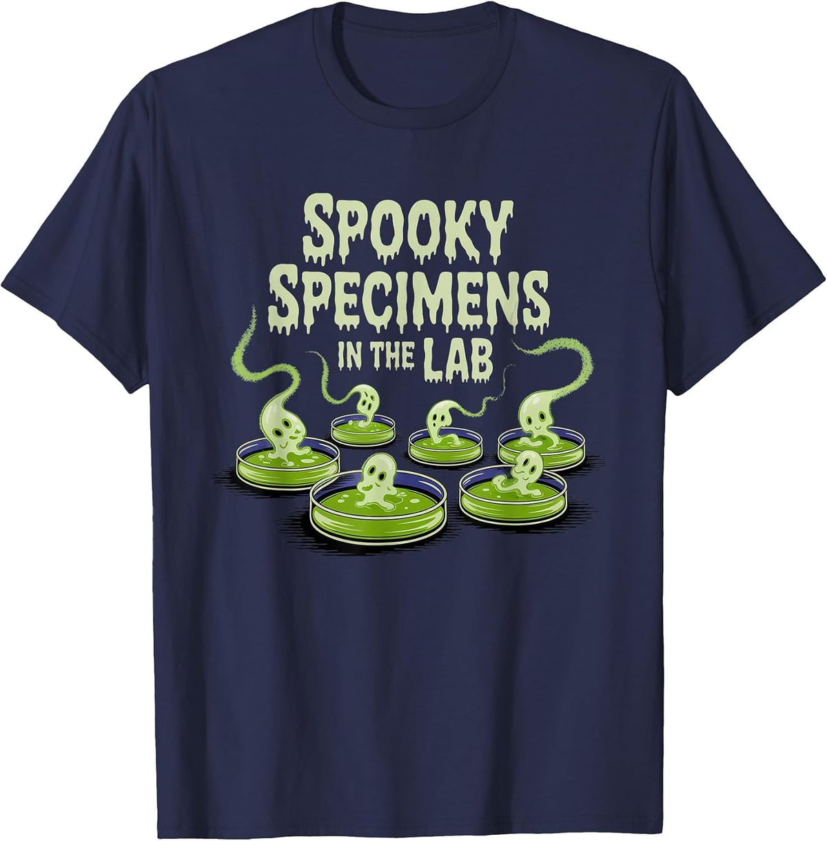 Spooky specimens in the lab, Biology, Microbiology Halloween T-Shirt - Navy Blue