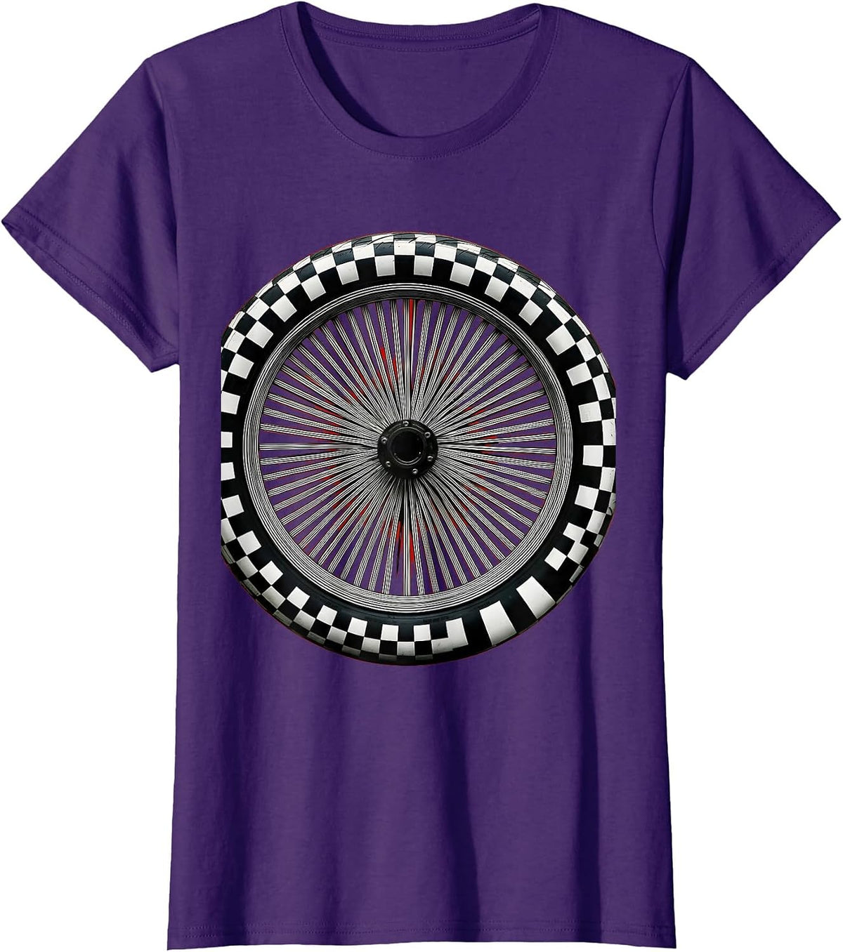 Women's Motorcycle Wheel Checkered Tire Tread Graphic T-Shirt - Purple