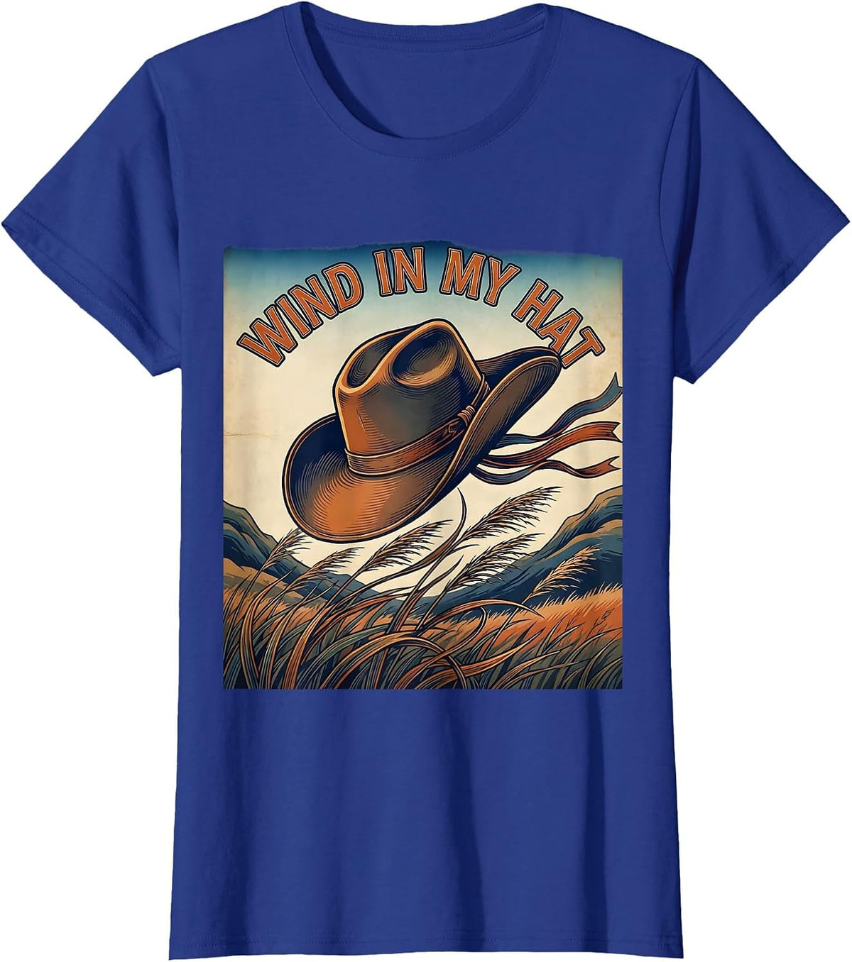 Women's Wind in My Hat Cowgirl Western Design T-Shirt - Royal Blue